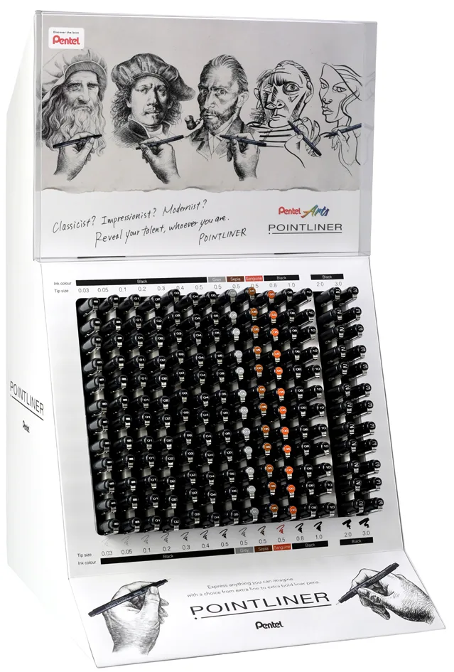 PentelArts Permanent Fineliner Pointliner, Thekendisplay von Pentel – Produktfoto