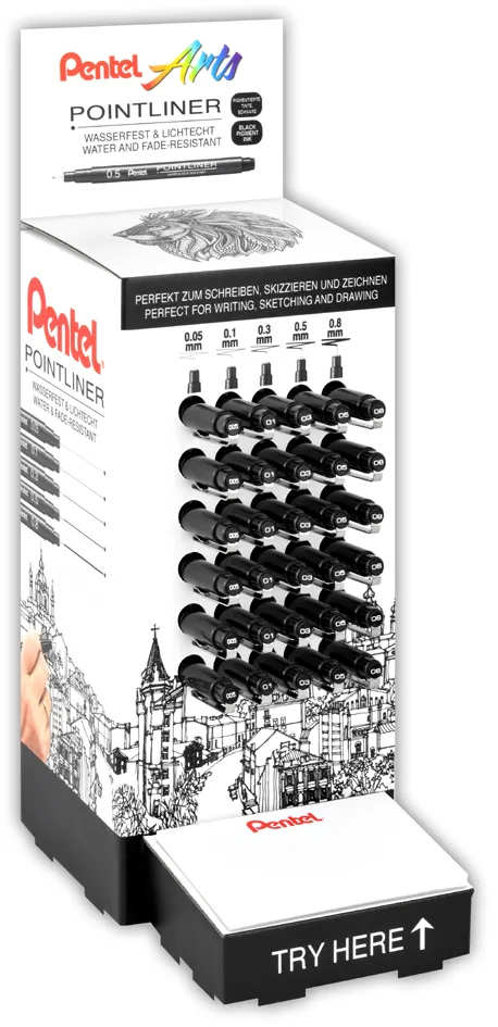 Permanent Fineliner Pointliner, Thekendisplay von Pentel – Produktfoto