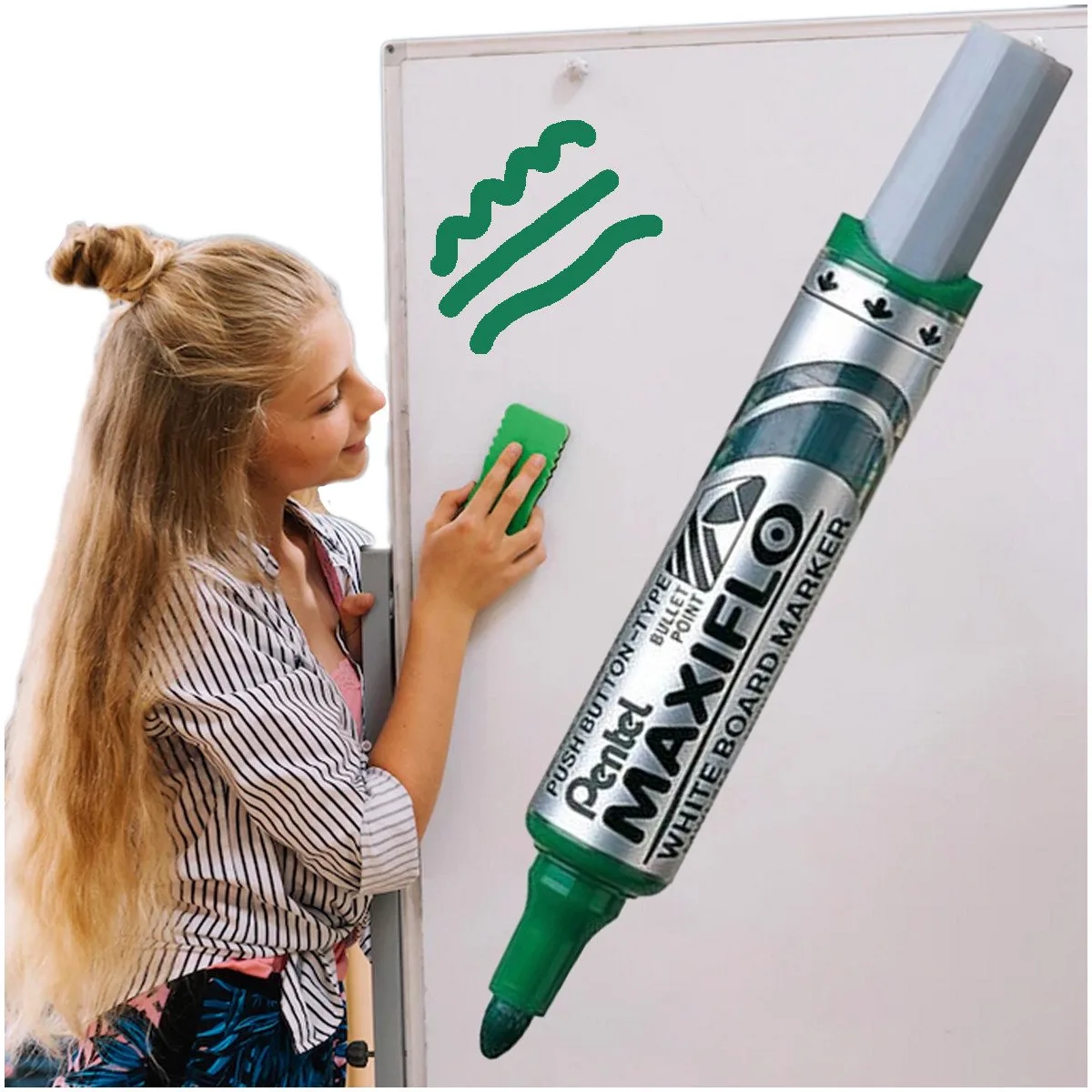 Whiteboard Marker - Vervaagbestendig & Makkelijk Uitwisbaar van Pentel in Groen – productfoto