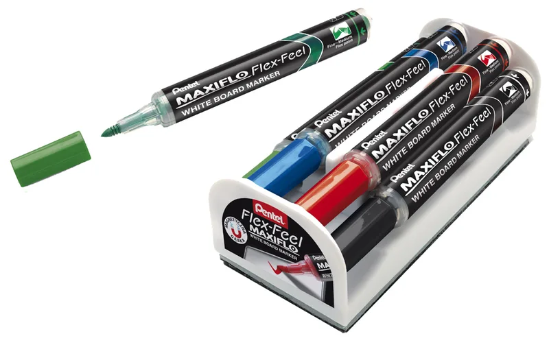 Whiteboardmarker Maxiflo Flex-Feel, 4er Set, Wischer by Pentel – product photo