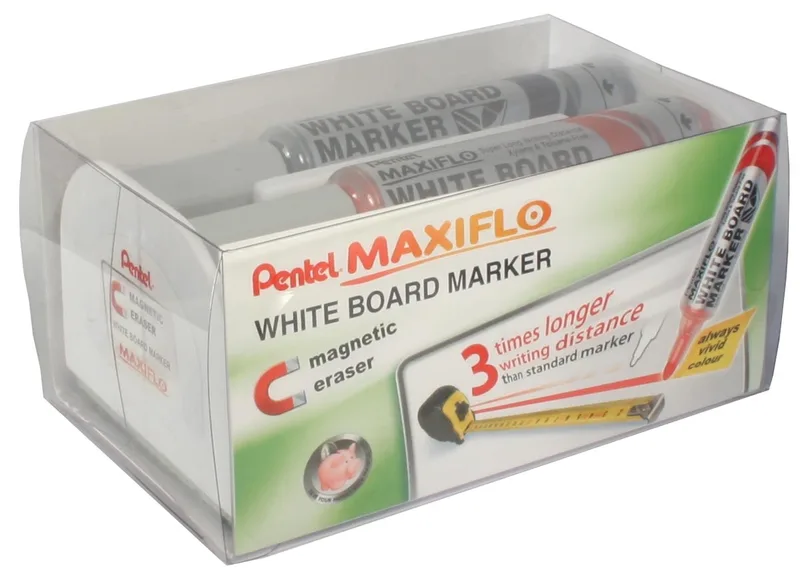 whiteboardmarker Maxiflo set van 4 stuks: blauw, rood, groen en zwart + magnetische bordwisser de Pentel – photo produit