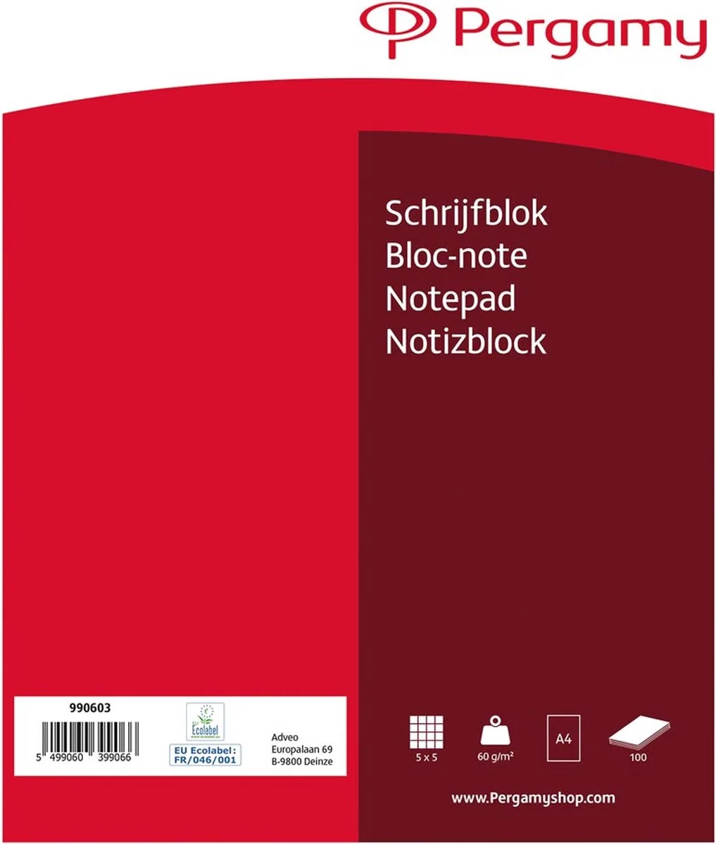 schrijfblok, 60 g/m², ft A4, 100 vel, geruit 5 mm fra Pergamy i Flerfarvet – produktbillede