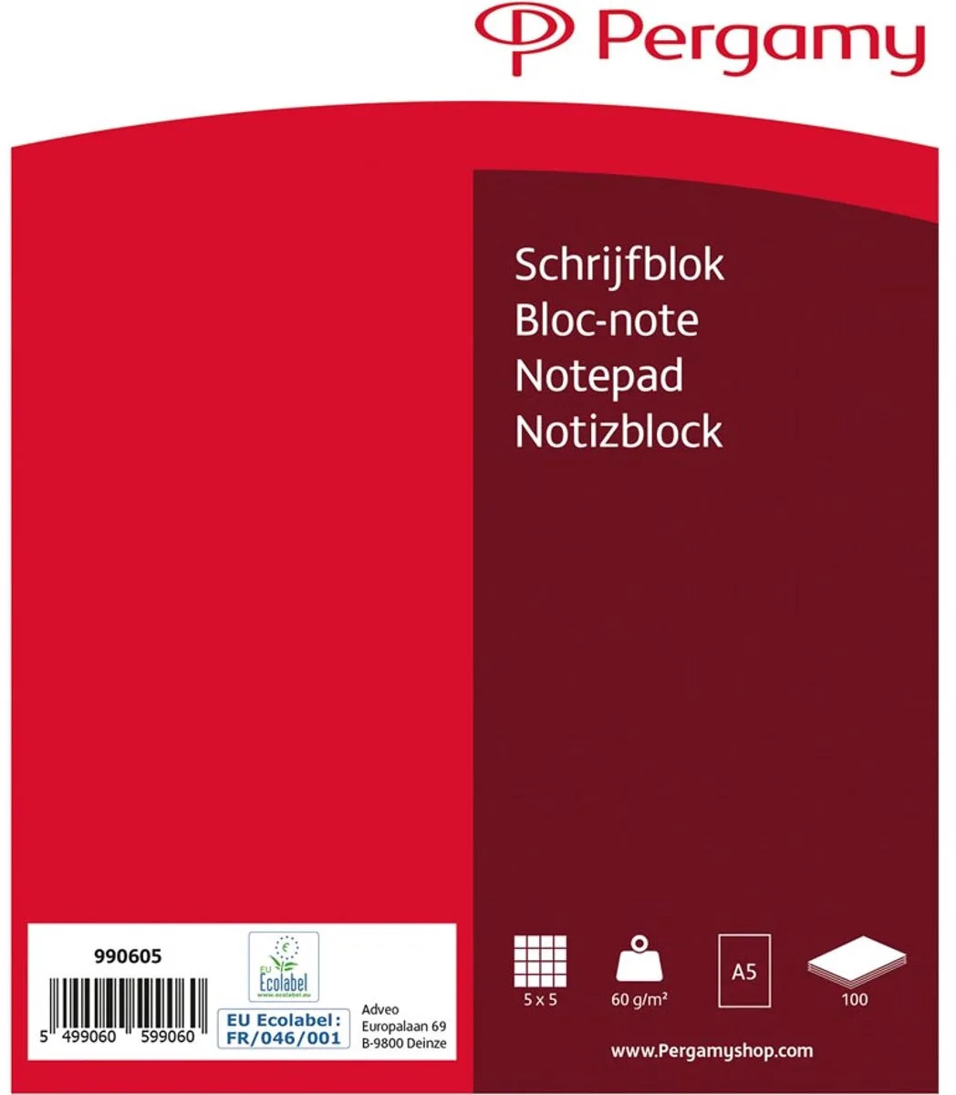 schrijfblok, 60 g/m², ft A5, 100 vel, geruit 5 mm de Pergamy en Multicolore – photo produit
