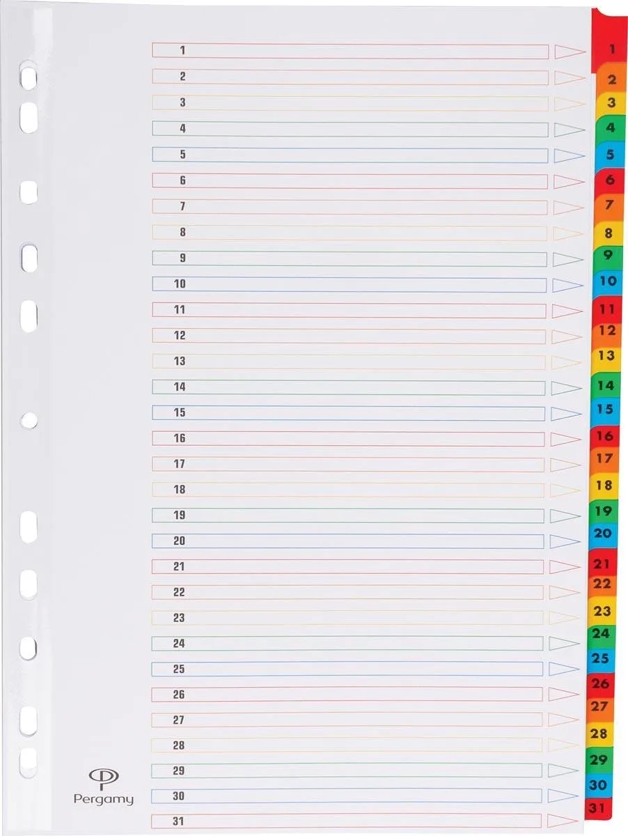 tabbladen met indexblad, ft A4, 11-gaatsperforatie, geassorteerde kleuren, set 1-31 de Pergamy en Transparent – photo produit