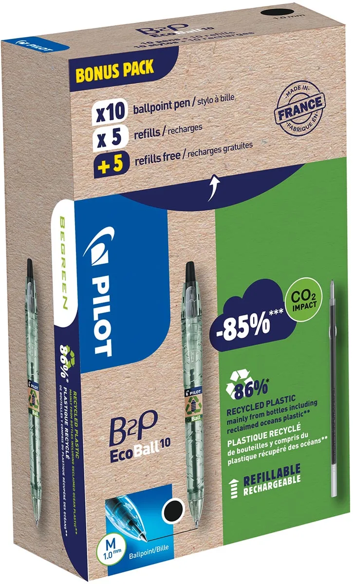Ecoball B2P BeGreen balpen, medium punt, 0,3 mm 10 stuks + 10 vullingen, zwart de Pilot – photo produit