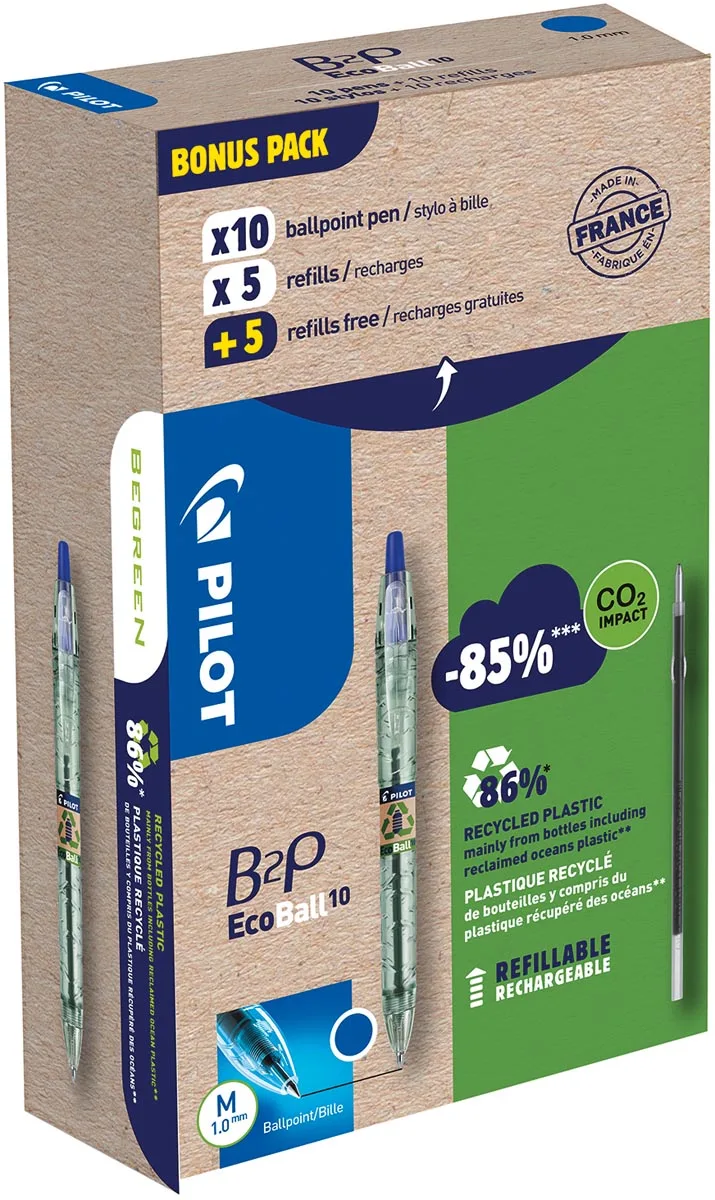 Ecoball B2P BeGreen balpen, medium punt, 0,3 mm 10 stuks + 10 vullingen, blauw fra Pilot – produktbillede