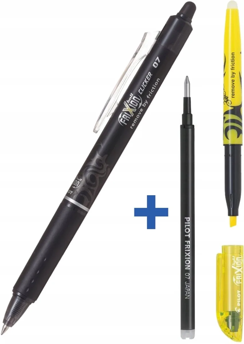 Frixion 0,7 mm set: zwarte pen, marker en extra vulling de Pilot en Noir – photo produit
