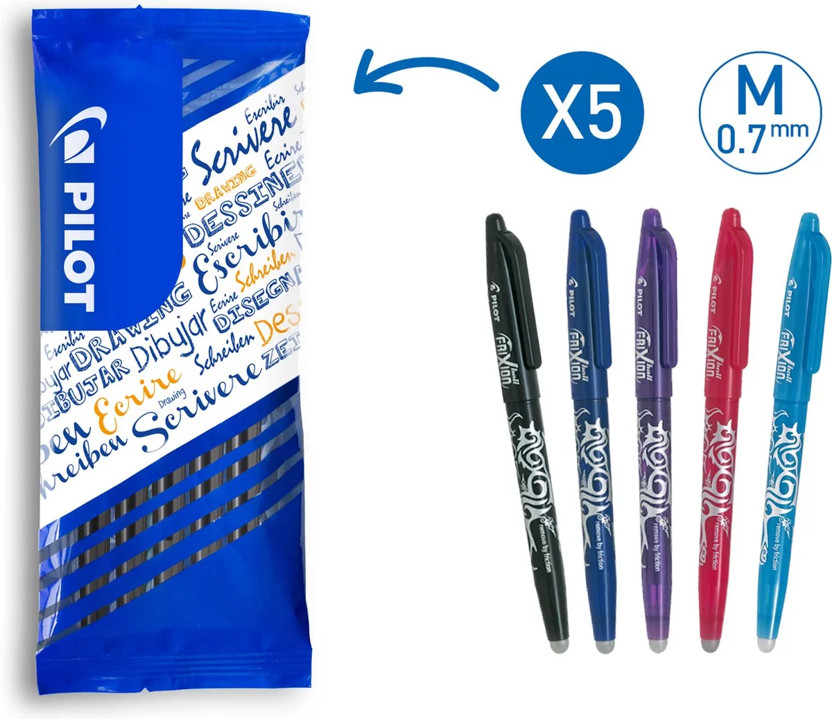 Frixion Ball 0.7 Uitwisbare Pennen Set - 5 Kleuren fra Pilot i Sort, Brun, Grøn, Guld, Grå, Blå, Orange, Lyserød, Rød, Lilla, Gul – produktbillede