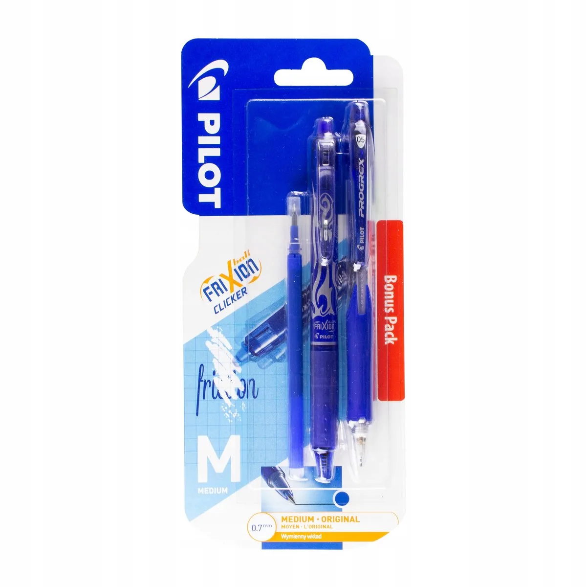 FriXion Clicker 0.7 set: Blauwe pen, potlood & vulling van Pilot in Marineblauw – productfoto