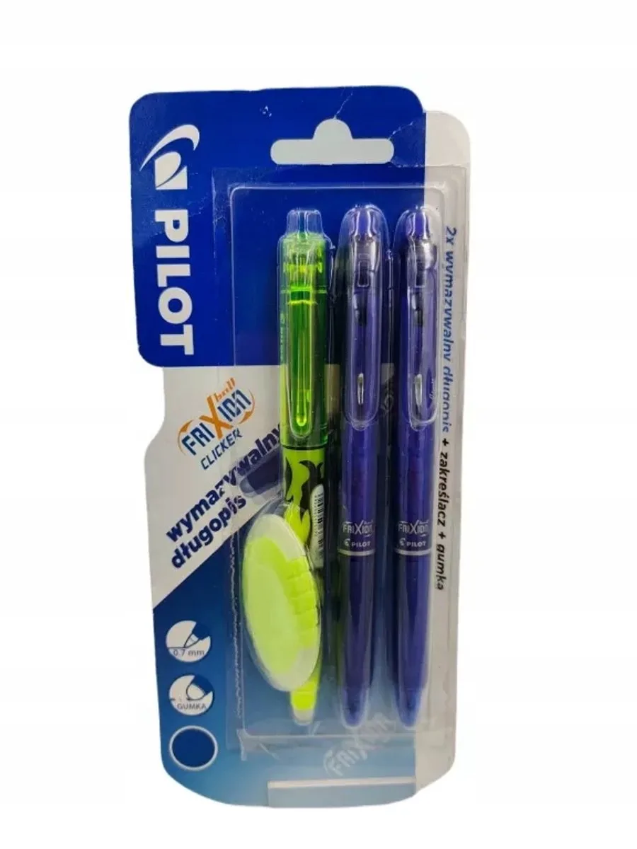 FriXion Set: 2 Blauwe Uitwisbare Pennen, Markeerstift & Gum fra Pilot i Blå – produktbillede