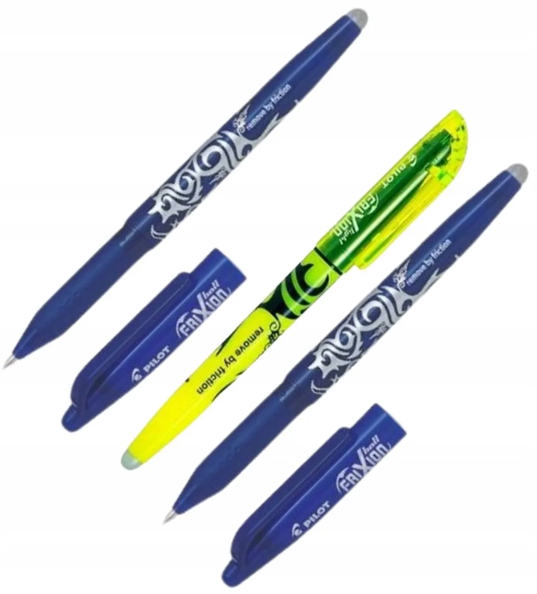 FriXion Set: 2x Blauwe Uitwisbare Ballpennen + Gele Markeerstift fra Pilot i Blå – produktbillede