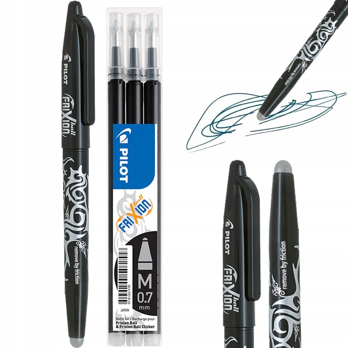 Frixion Uitwisbare Pen 0.7mm + 3 Zwarte Navullingen fra Pilot i Sort – produktbillede