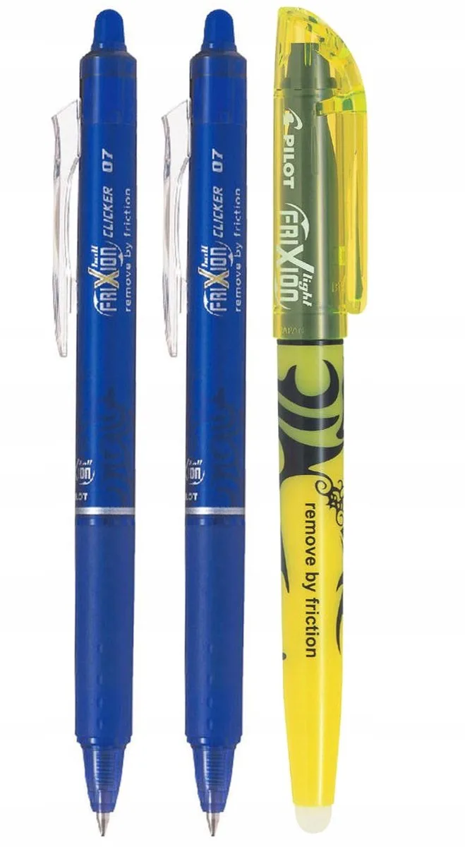 Frixion Uitwisbare Pennen Set + Markeerstift Geel fra Pilot i Blå – produktbillede