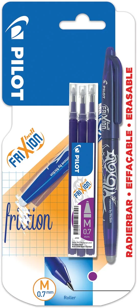 gelroller Frixion Ball, blister van 4 stuks (1 gelroller + 3 vullingen), paars van Pilot – productfoto