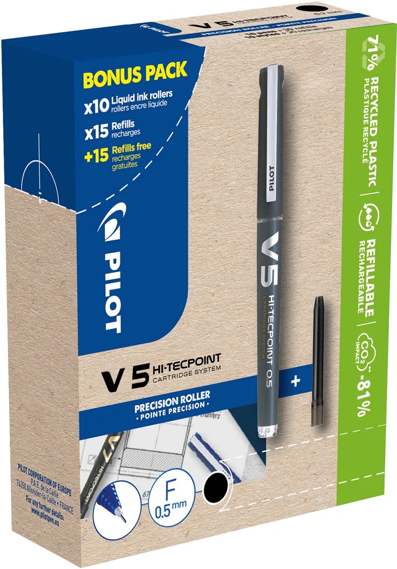 Hi-Tecpoint V5, 10 rollers + 30 vullingen, fijn, zwart by Pilot – product photo