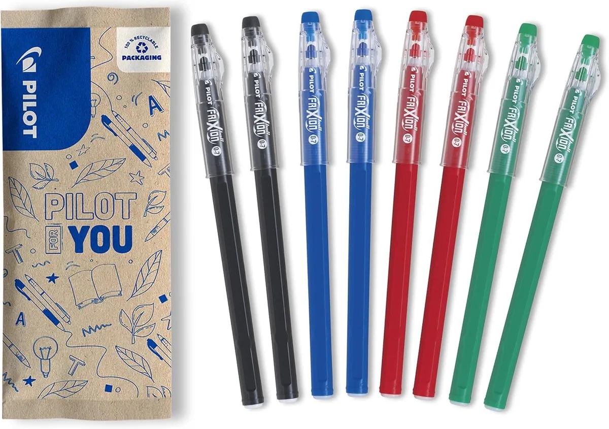 Set van 8 FriXion Ball Stick - Uitwisbare pen - 2 zwart, 2 blauw, 2 rood, 2 groen - 0.7 fra Pilot i Sort, Rød, Blå, Grøn – produktbillede