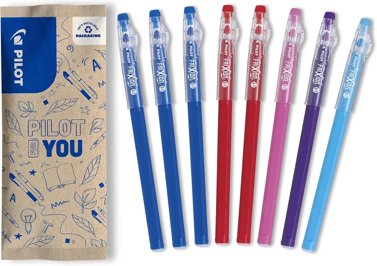 Set van 8 FriXion Ball Stick - Uitwisbare pen - 3 blauw, 2 rood, 1 roze, 1 paars, 1 turquoise - 0.7 fra Pilot i Blå, Rød, Lyserød, Lilla, Turkis – produktbillede