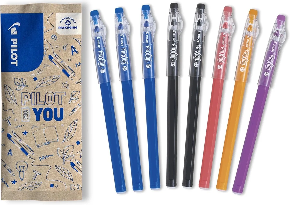 Set van 8 FriXion Ball Stick - Uitwisbare pen - 3 blauw, 2 zwart, 1 koraal, 1 oranje, 1 paars - Medium punt fra Pilot i Blå, Sort, Koraal, Orange, Lilla – produktbillede