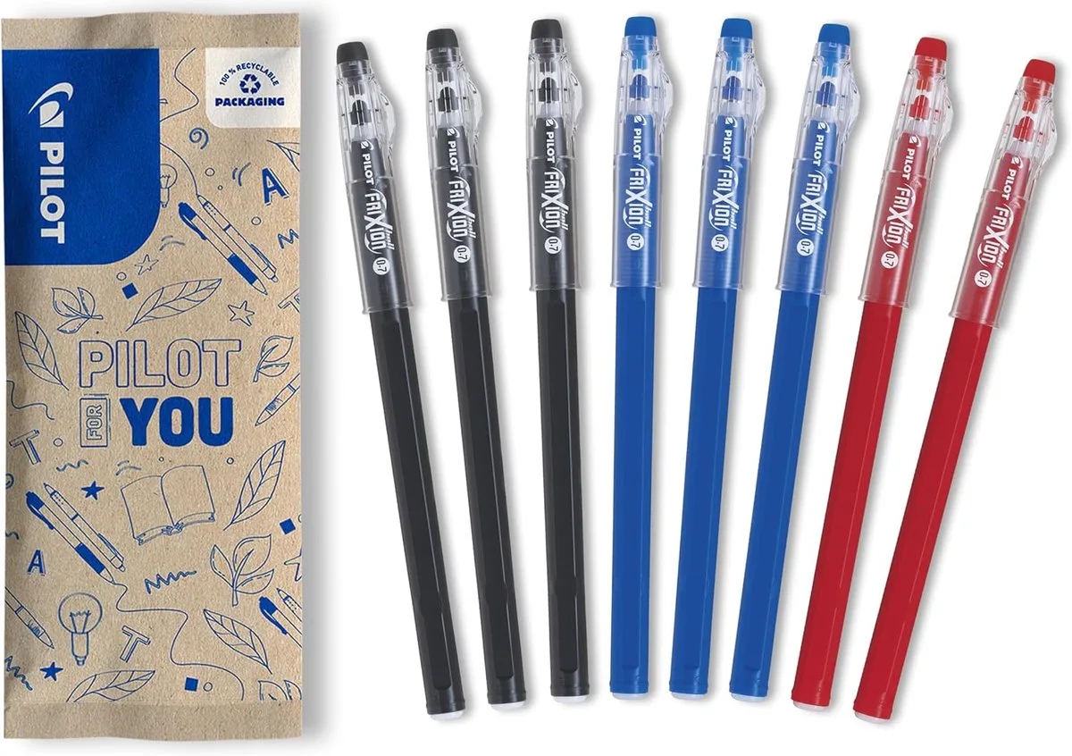 Set van 8 FriXion Ball Stick - Uitwisbare pen - 3 blauw, 3 zwart, 2 rood - Medium punt fra Pilot i Blå, Sort, Rød – produktbillede