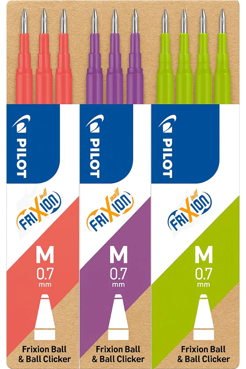 Set van Frixion vullingen 0.7, 3 x koraal roze, 3 x vilolet, 3 x lichtgroen fra Pilot i Koraal roze – violet – licht groen – produktbillede