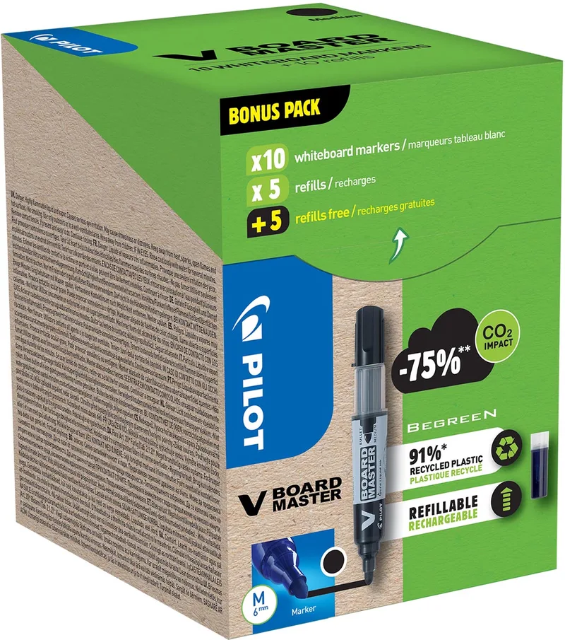 V-Board Master BeGreen whiteboardmarker, ronde punt, 2,3 mm, 10 stuks + 10 vullingen, zwart de Pilot – photo produit