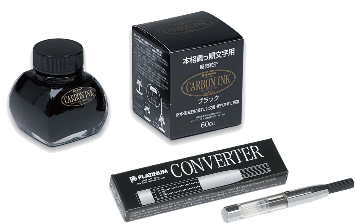 Japan - inktpotje - Vulpeninkt - potje vulpeninkt - Carbon inkt + Converter Silver 700 van Platinum in Zwart – productfoto