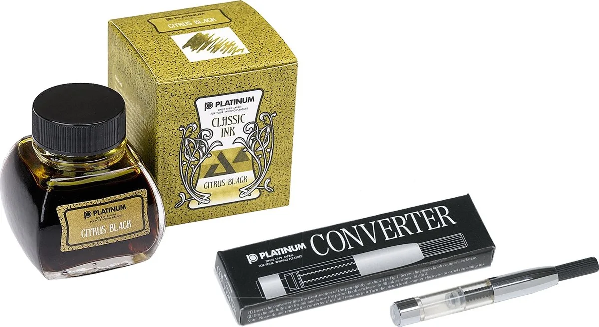 Japan - inktpotje - Vulpeninkt - potje vulpeninkt - Dyestuff 'Classic Ink' Citrus Black + Converter Silver 700 van Platinum in Zwart – productfoto