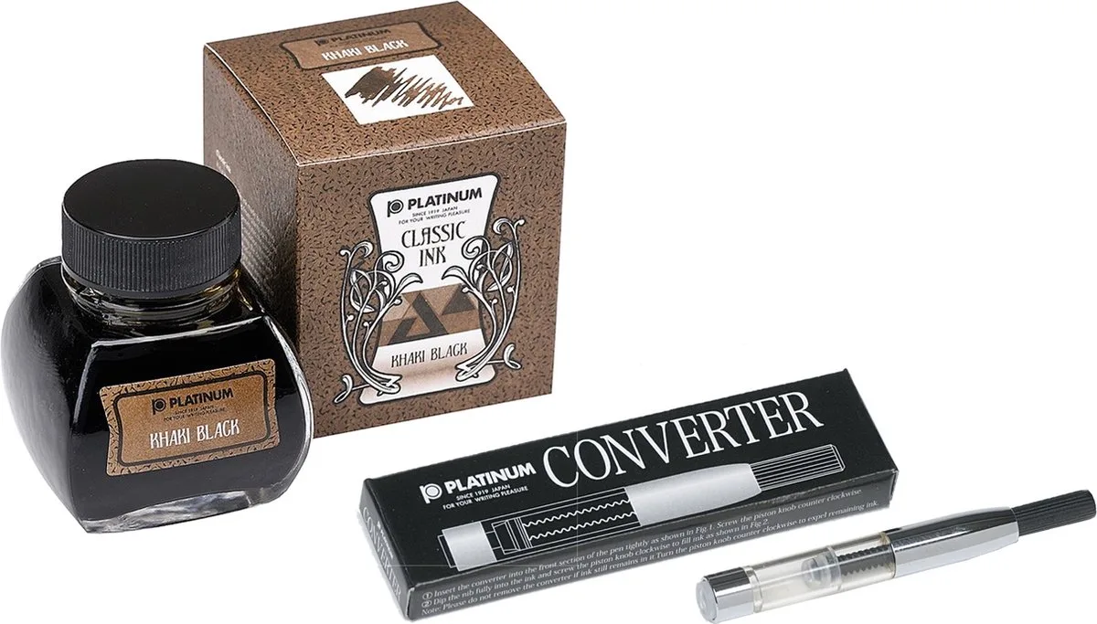 Japan - inktpotje - Vulpeninkt - potje vulpeninkt - Dyestuff 'Classic Ink' Khaki Black + Converter Silver 700 van Platinum in Zwart – productfoto