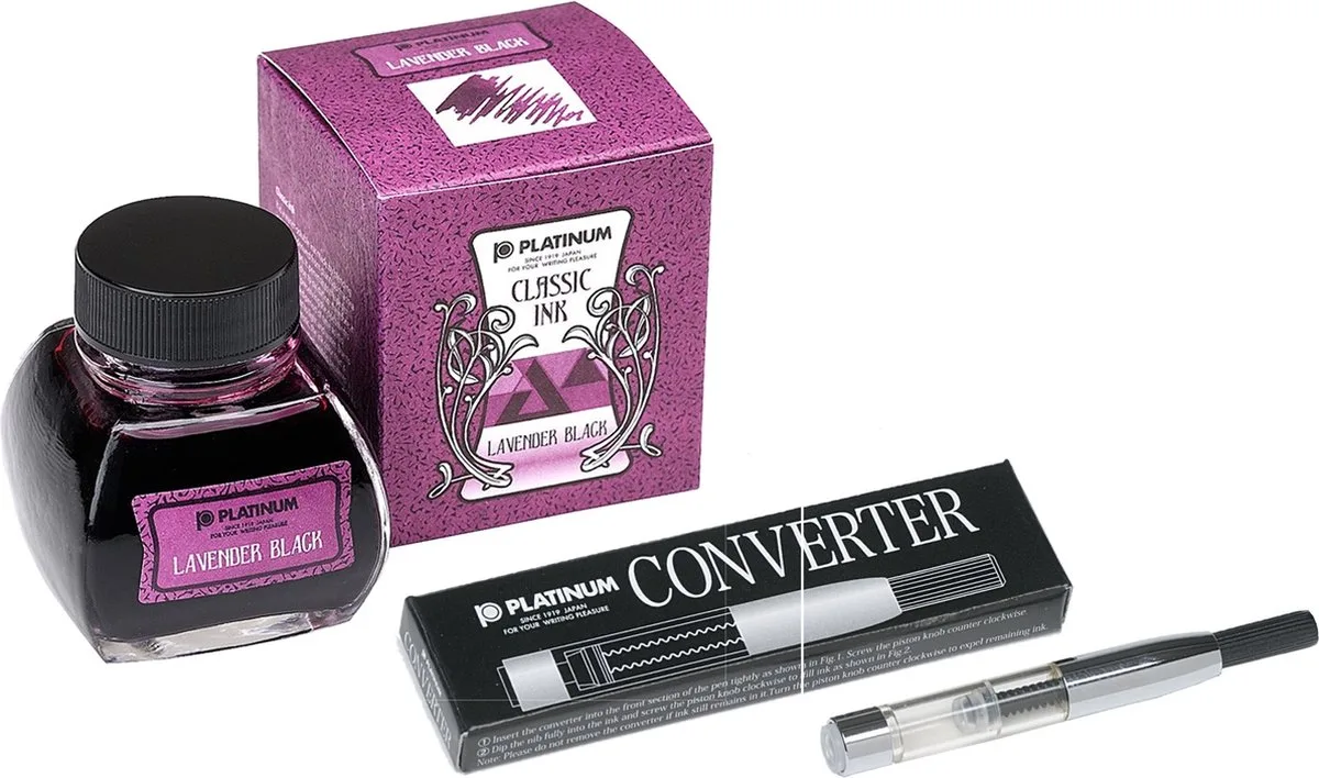 Japan - inktpotje - Vulpeninkt - potje vulpeninkt - Dyestuff 'Classic Ink' Cassis Black + Converter Silver 700 van Platinum in Paars – productfoto