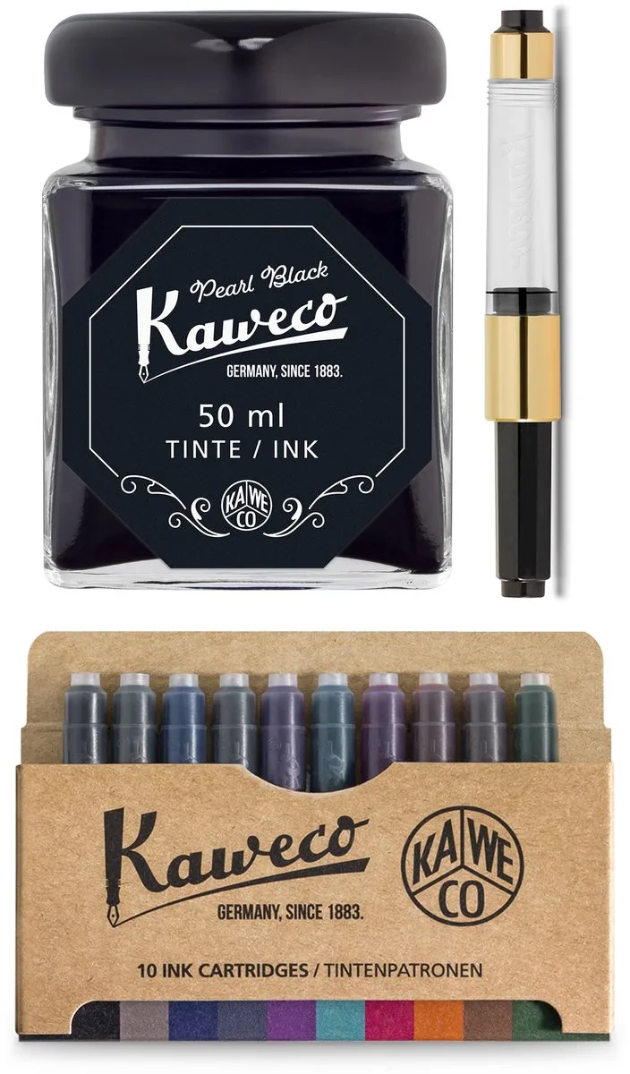 Kaweco - Ink bottle en Standaard Converter - Pearl Black - potje vulpeninkt - Zwarte originele Kaweco-inkt in 50 ml glas - Converter gold met zwarte achterkant - doosje 10 patronen de Platinum en Noir – photo produit