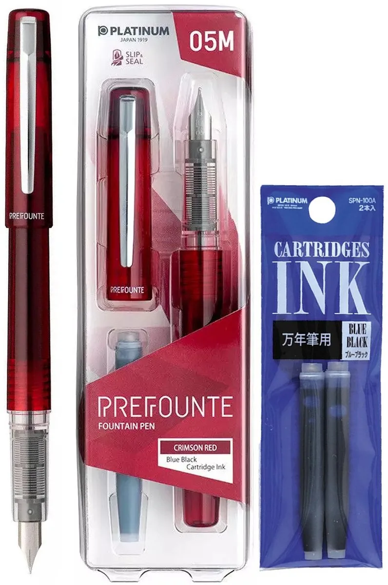 Prefounte Vulpen - Fine - Crimson Red - Met Blauw Zwarte vullingen van Platinum in Rood – productfoto