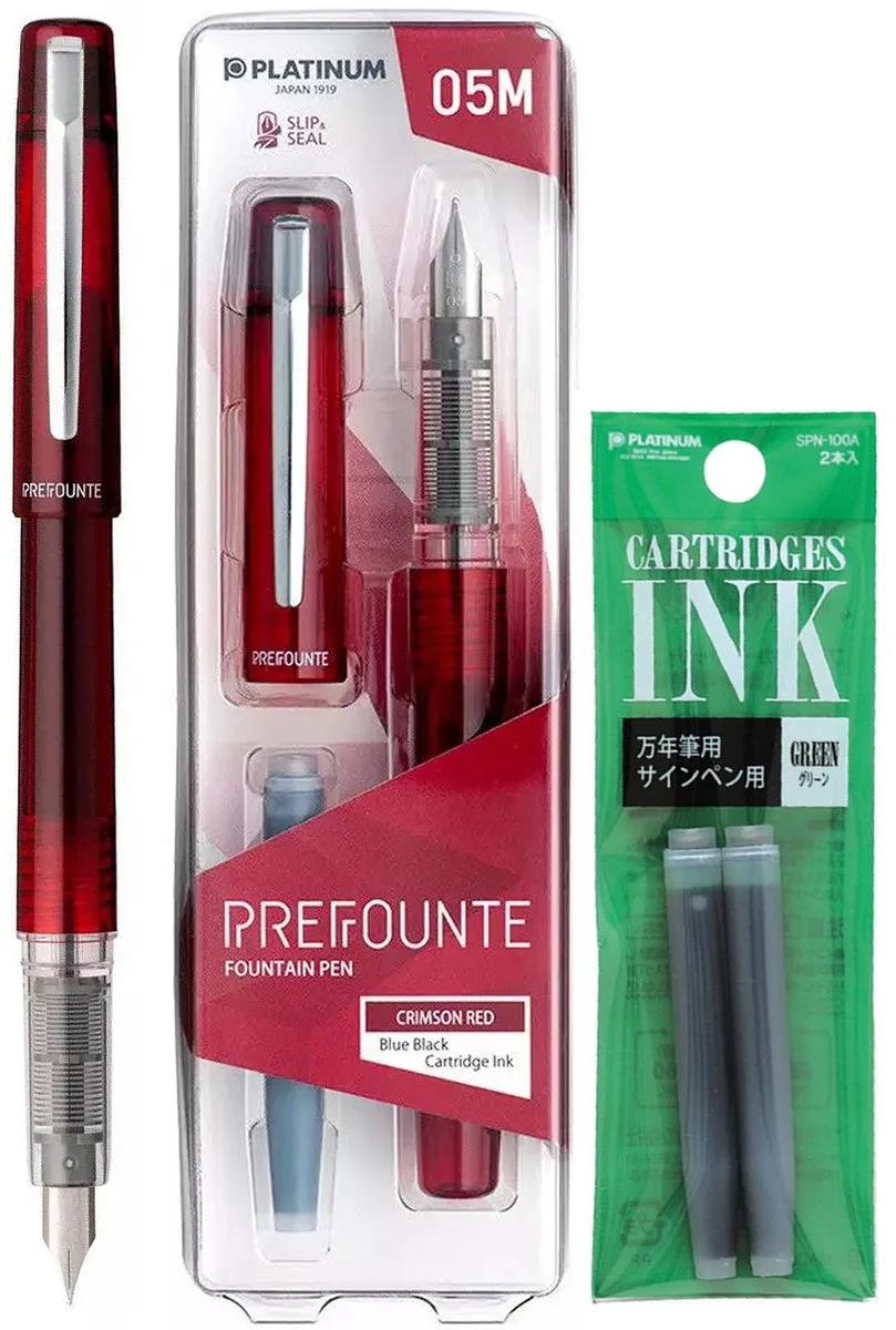 Prefounte Vulpen - Fine - Crimson Red - Met Groene vullingen van Platinum in Rood – productfoto
