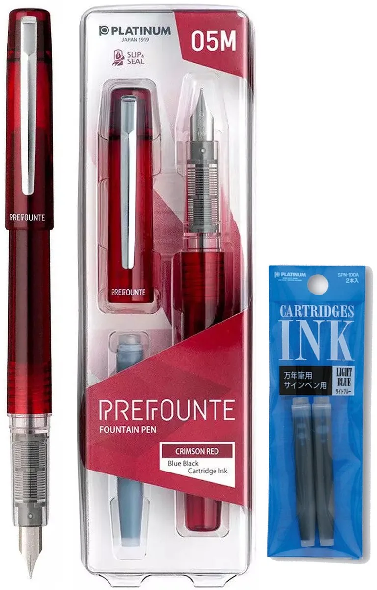 Prefounte Vulpen - Fine - Crimson Red - Met Lichtblauwe vullingen van Platinum in Rood – productfoto