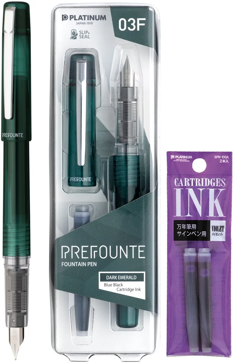 Prefounte Vulpen - Fine - Dark Emerald - Met Paarse vullingen van Platinum in Groen – productfoto