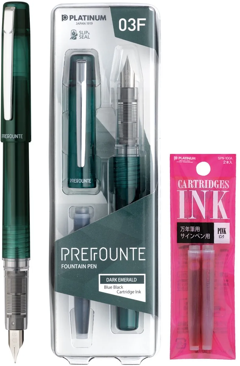 Prefounte Vulpen - Fine - Dark Emerald - Met Roze vullingen van Platinum in Groen – productfoto