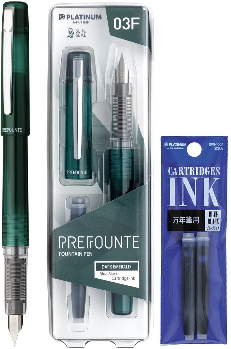 Prefounte Vulpen - Fine - Dark Emerald - Met vullingen Blauw Zwart von Platinum in Grün – Produktfoto