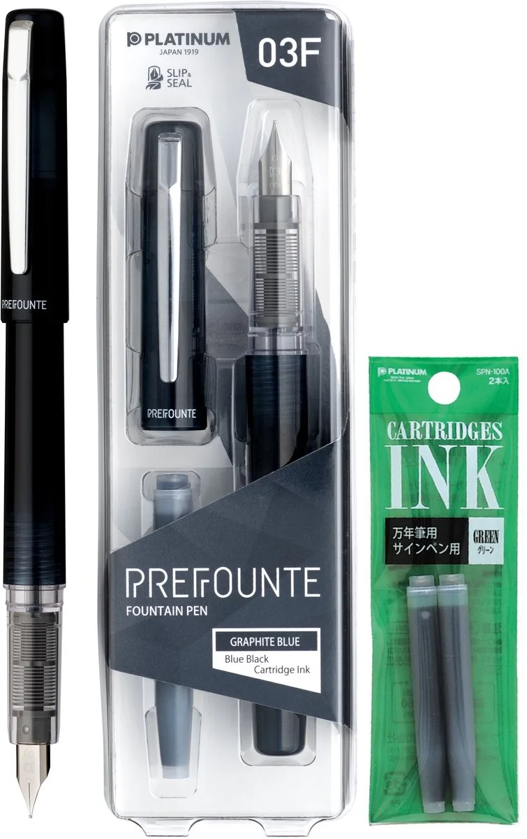 Prefounte Vulpen - Fine - Graphite Blue - Met Groene vullingen van Platinum in Grijs – productfoto