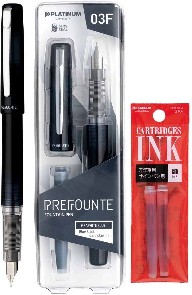 Prefounte Vulpen - Fine - Graphite Blue - Met Rode vullingen från Platinum i Grå – produktbild