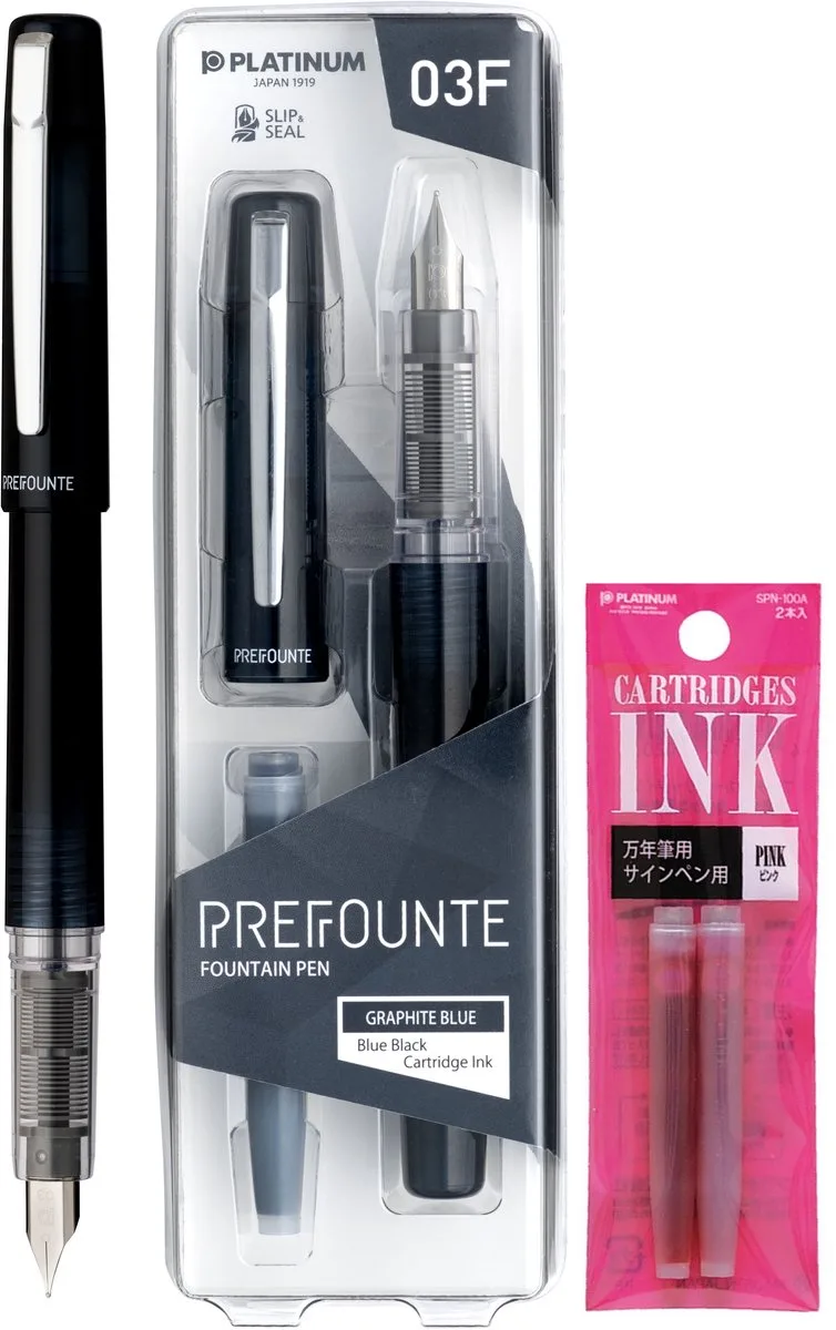 Prefounte Vulpen - Fine - Graphite Blue - Met Roze vullingen fra Platinum i Grå – produktbillede