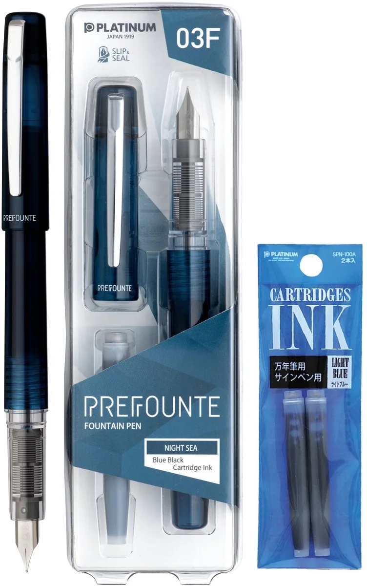 Prefounte Vulpen - Fine - Night Sea - Met Lichtblauwe vullingen van Platinum in Blauw – productfoto