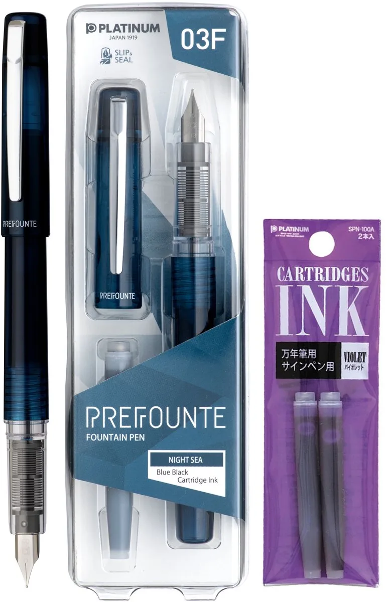 Prefounte Vulpen - Fine - Night Sea - Met Paarse vullingen van Platinum in Blauw – productfoto