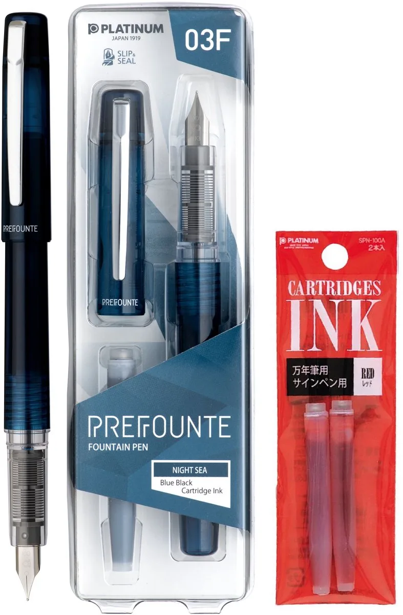 Prefounte Vulpen - Fine - Night Sea - Met Rode vullingen van Platinum in Blauw – productfoto