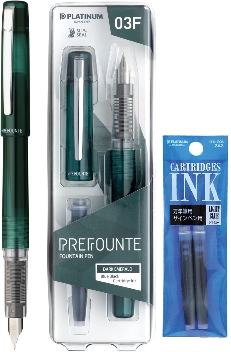 Prefounte Vulpen - Medium - Dark Emerald - Met Lichtblauwe vullingen van Platinum in Groen – productfoto
