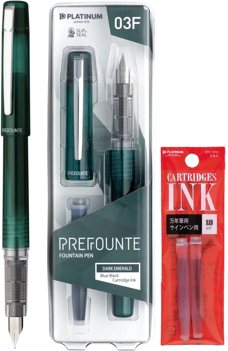 Prefounte Vulpen - Medium - Dark Emerald - Met Rode vullingen von Platinum in Grün – Produktfoto
