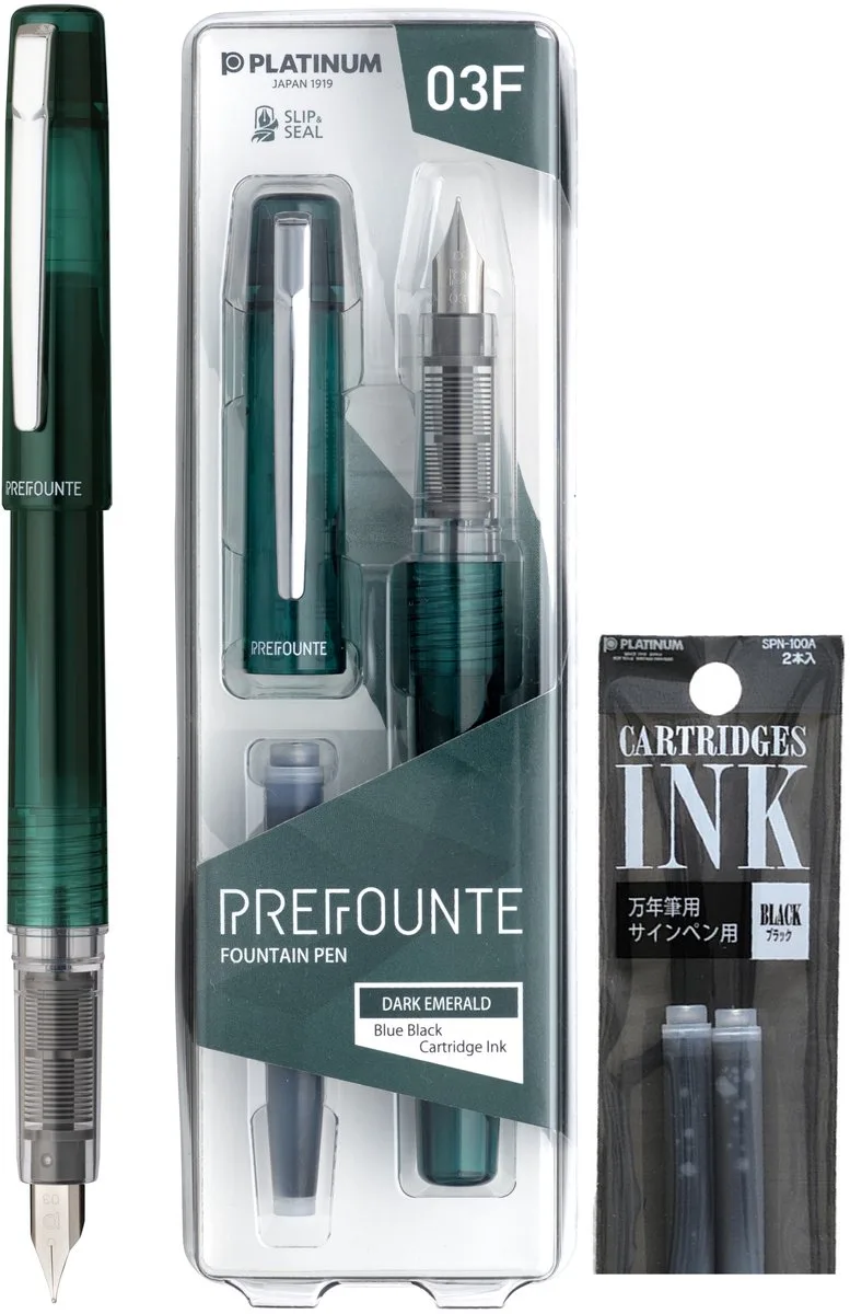 Prefounte Vulpen - Medium - Dark Emerald - Met vullingen Zwart van Platinum in Groen – productfoto