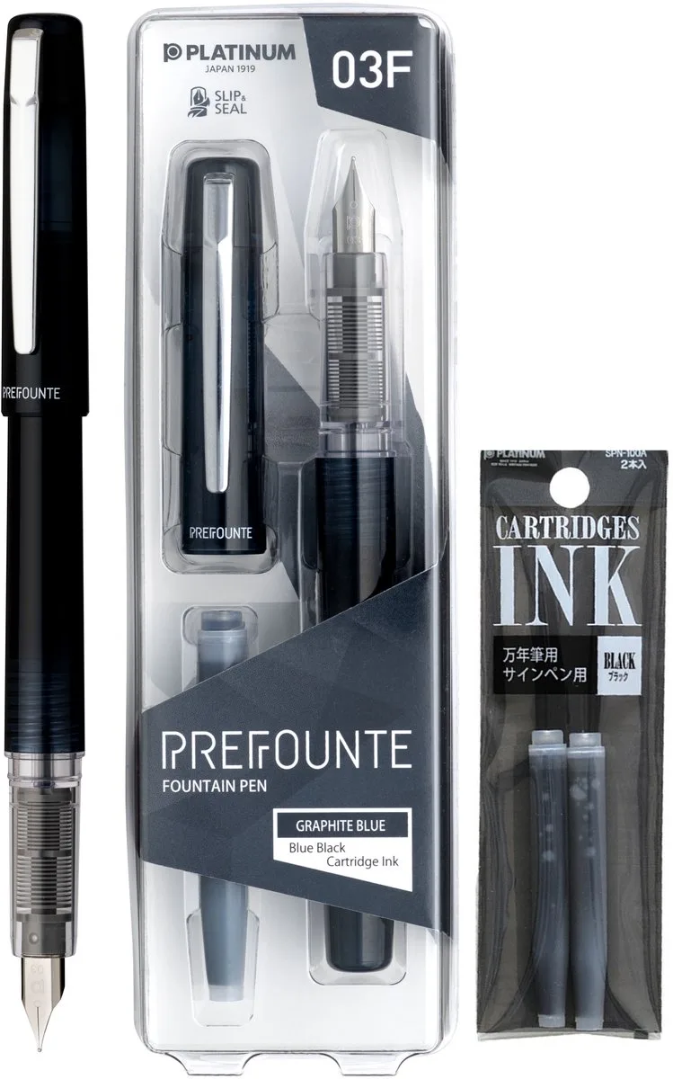 Prefounte Vulpen - Medium - Graphite Blue - Met vullingen Zwart van Platinum in Grijs – productfoto
