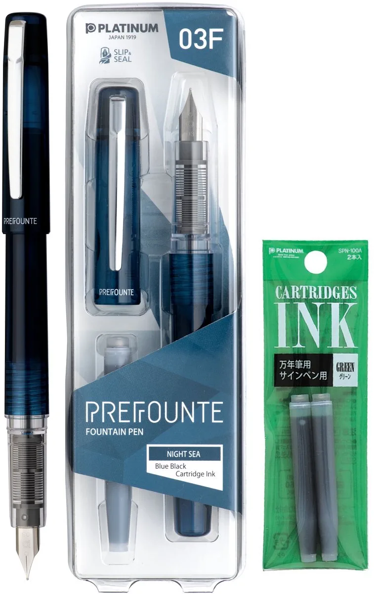 Prefounte Vulpen - Medium - Night Sea - Met Groene vullingen van Platinum in Blauw – productfoto