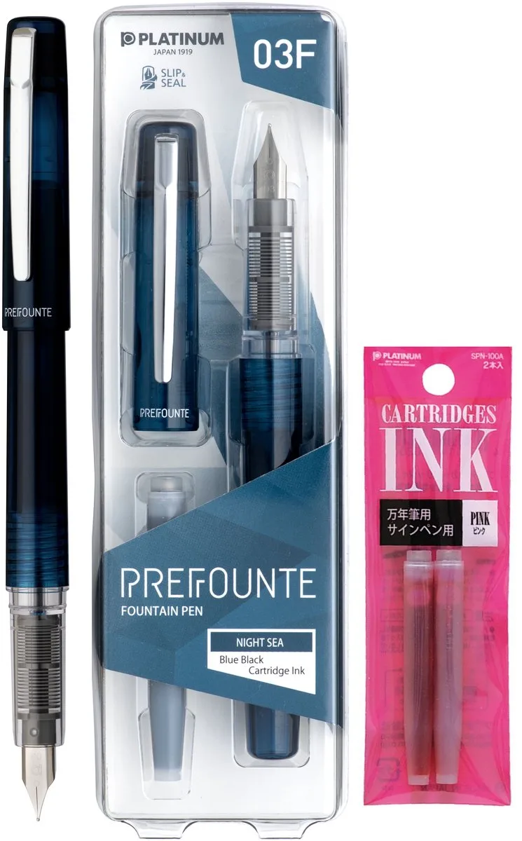 Prefounte Vulpen - Medium - Night Sea - Met Roze vullingen van Platinum in Blauw – productfoto