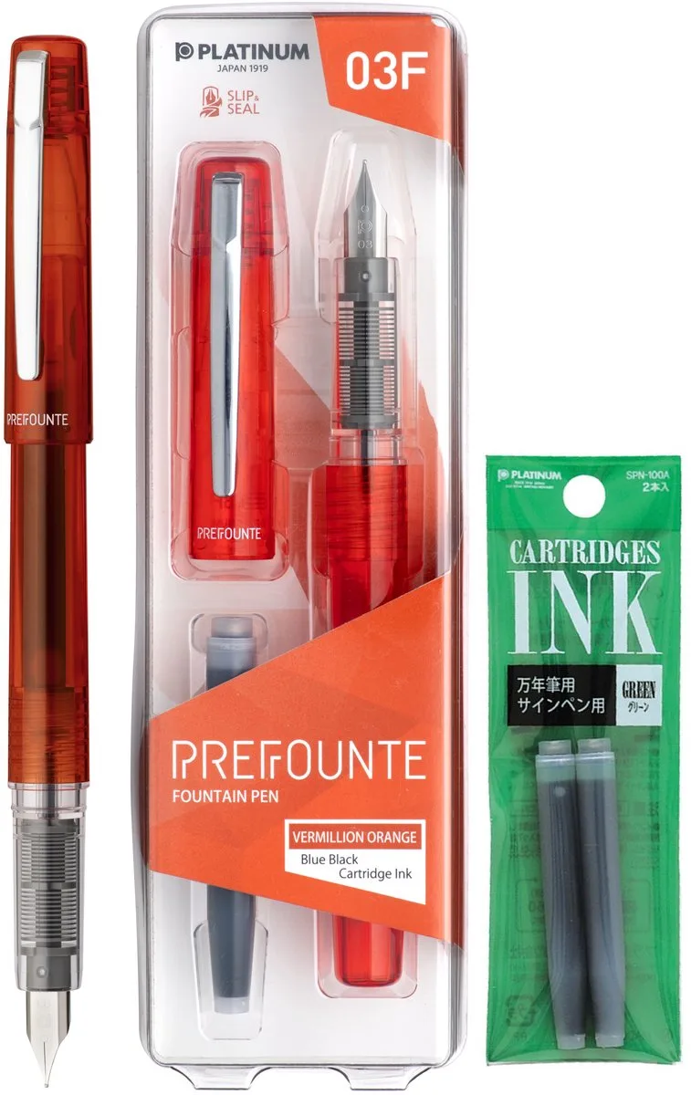 Prefounte Vulpen - Medium - Vermillion Orange - Met Groene vullingen von Platinum in Orange – Produktfoto