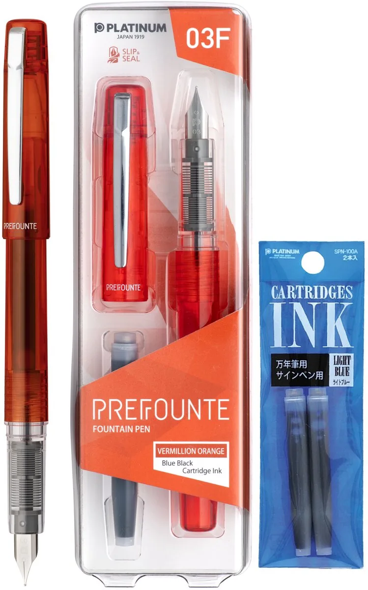 Prefounte Vulpen - Medium - Vermillion Orange - Met Lichtblauwe vullingen de Platinum en Orange – photo produit